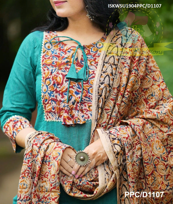 Cotton Kurti with Hand Kalamkari Printed Pant And Dupatta-ISKWSU1904PPC/D1107/1108