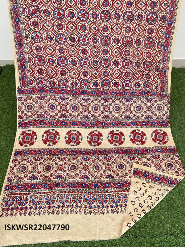 Ajrakh Hand Block Printed Malmal Cotton Saree With Blouse-ISKWSR22047790