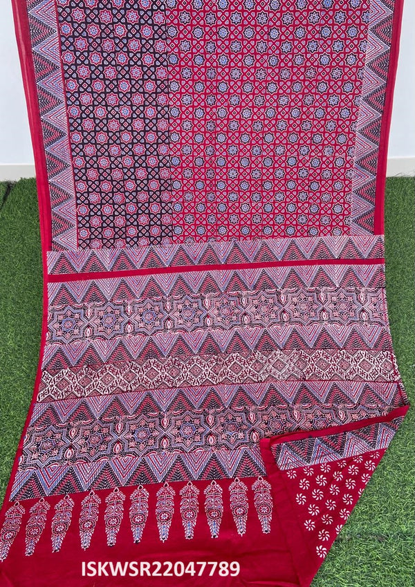 Ajrakh Hand Block Printed Malmal Cotton Saree With Blouse-ISKWSR22047789