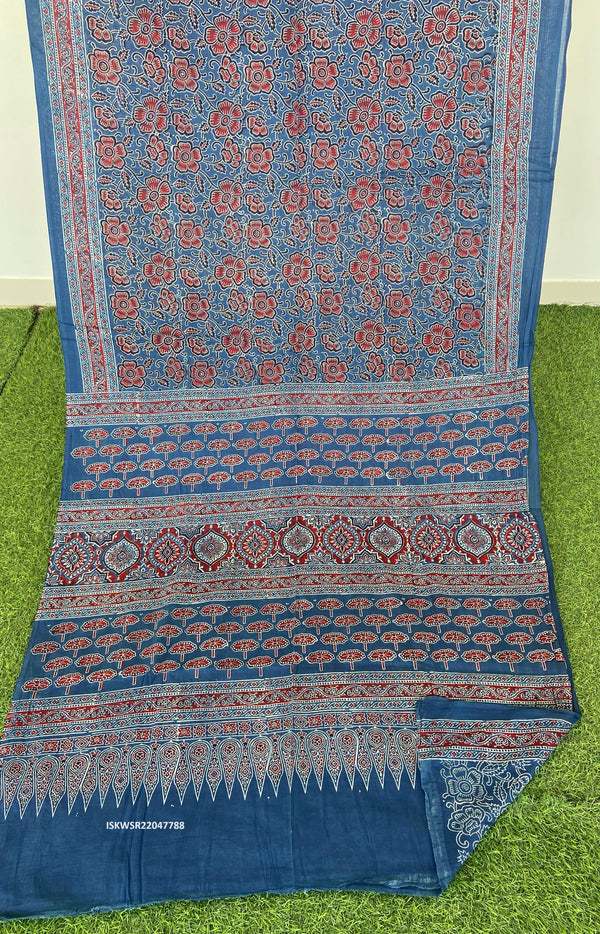 Ajrakh Hand Block Printed Malmal Cotton Saree With Blouse-ISKWSR22047788