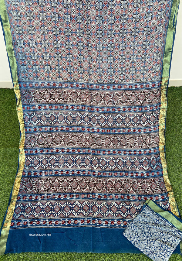 Ajrakh Hand Block Printed Malmal Cotton Saree With Blouse-ISKWSR22047788