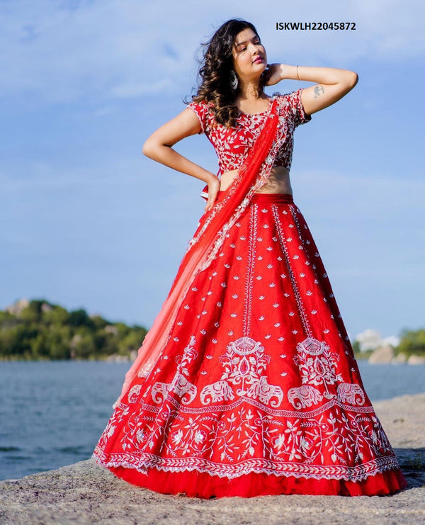 Embroidered Chinon Lehenga With Blouse And Net Dupatta-ISKWLH22045872