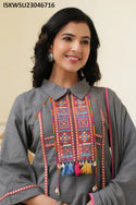 Embroidered Cotton Kurti With Pant And Dupatta-ISKWSU23046716