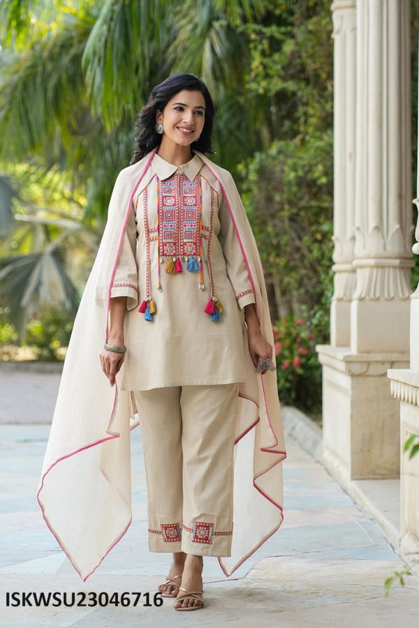 Embroidered Cotton Kurti With Pant And Dupatta-ISKWSU23046716