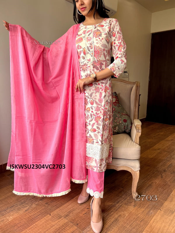 Hand Block Printed Handloom Khadi Cotton Kurti With Pant And Organza Dupatta-ISKWSU2304VC2703/VC2698