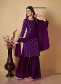 Embroidered Georgette Kurti With Sharara And Dupatta-ISKWSH24047836