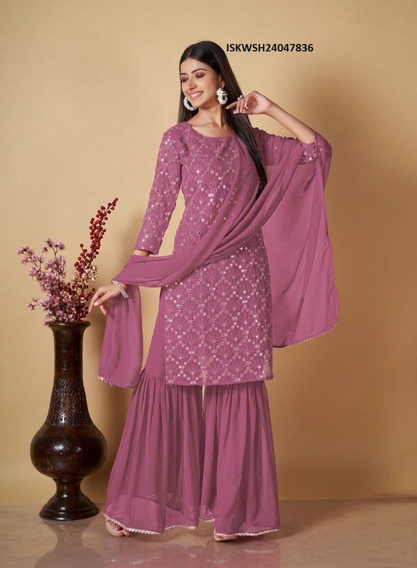 Embroidered Georgette Kurti With Sharara And Dupatta-ISKWSH24047836