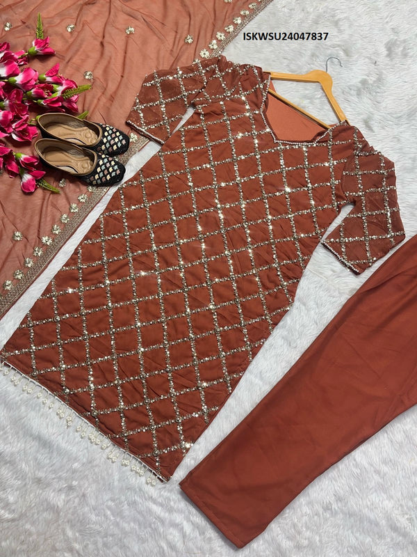 Embroidered Georgette Kurti With Pant And Dupatta-ISKWSU24047837