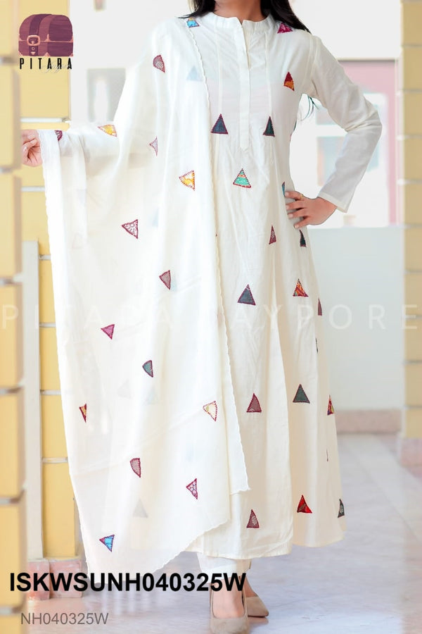 Embroidered Cotton Anarkali Kurti With Pant And Cutwork Dupatta-ISKWSUNH040325W