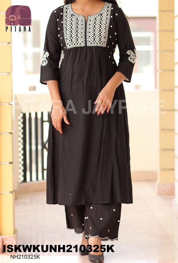 Embroidered Cotton Flared Kurti With Palazzo-ISKWKUNH210325K