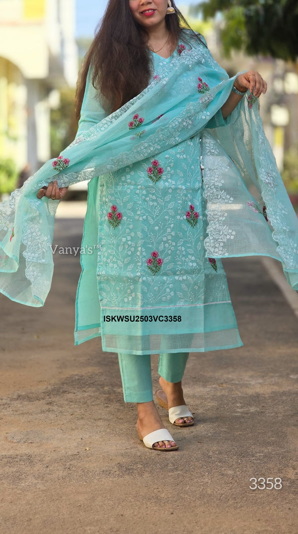 Embroidered Kota Doriya Kurti With Cotton Pant And Doriya Dupatta-ISKWSU2503VC3358