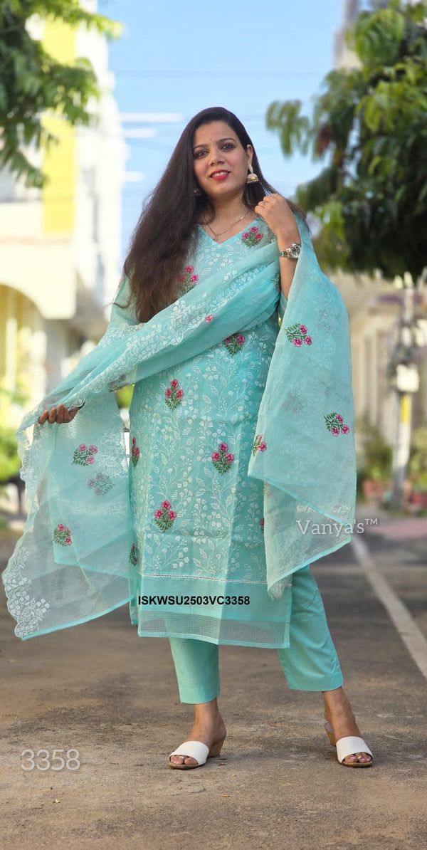 Embroidered Kota Doriya Kurti With Cotton Pant And Doriya Dupatta-ISKWSU2503VC3358