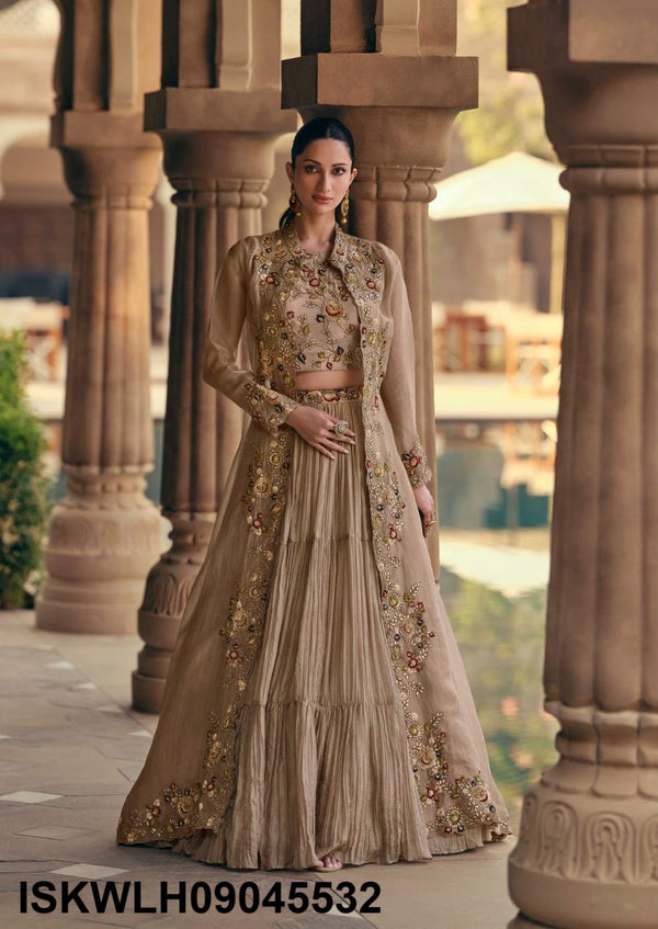 Embroidered Chinon Silk Lehenga With Crop Top And Organza Silk Shrug-ISKWLH09045532