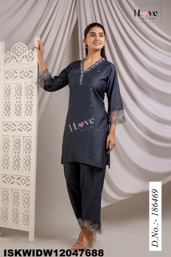 Embroidered Silk Top With Pant-ISKWIDW12047688