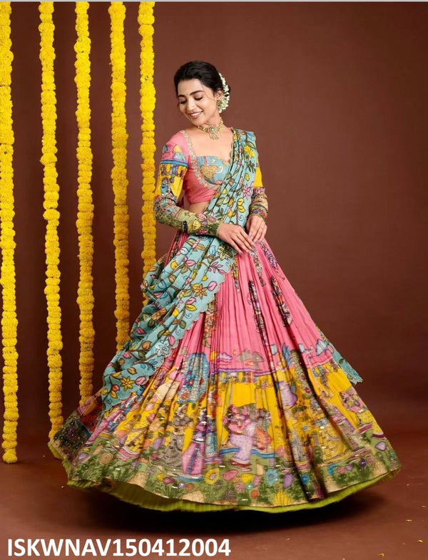 Kalamkari Printed Crepe Lehenga With Blouse And Dupatta-ISKWNAV150412004
