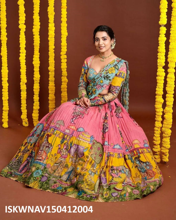 Kalamkari Printed Crepe Lehenga With Blouse And Dupatta-ISKWNAV150412004
