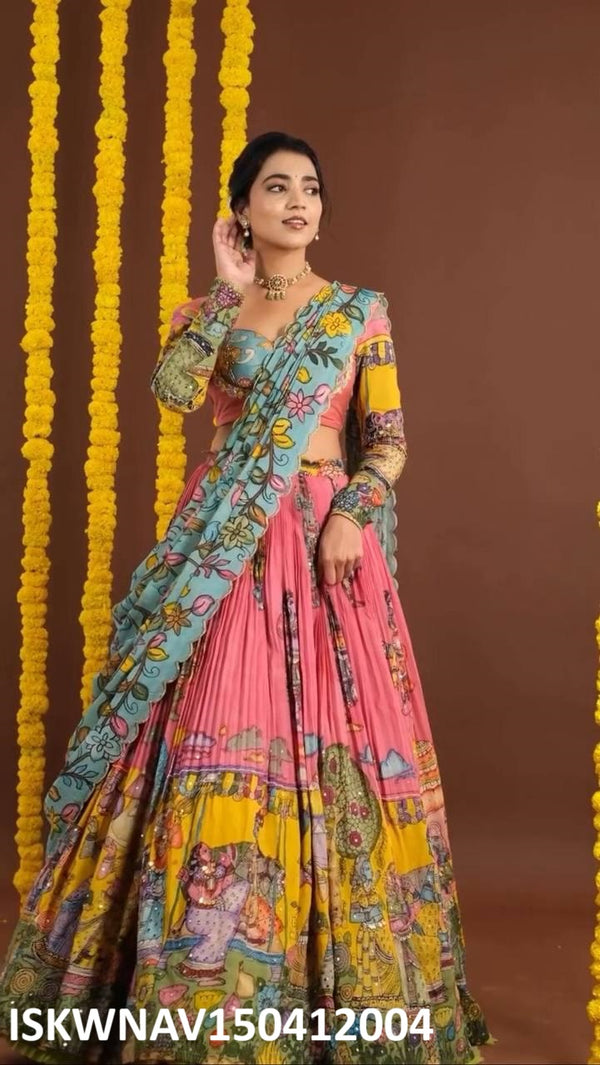 Kalamkari Printed Crepe Lehenga With Blouse And Dupatta-ISKWNAV150412004