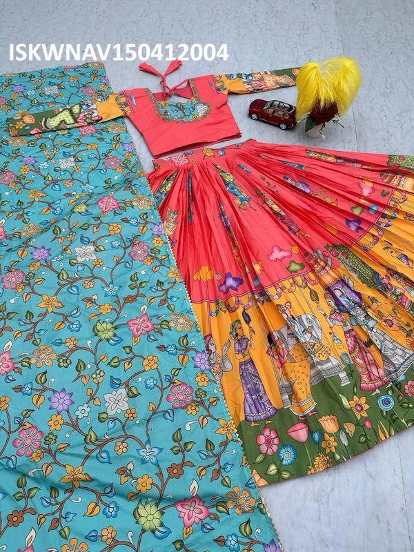 Kalamkari Printed Crepe Lehenga With Blouse And Dupatta-ISKWNAV150412004