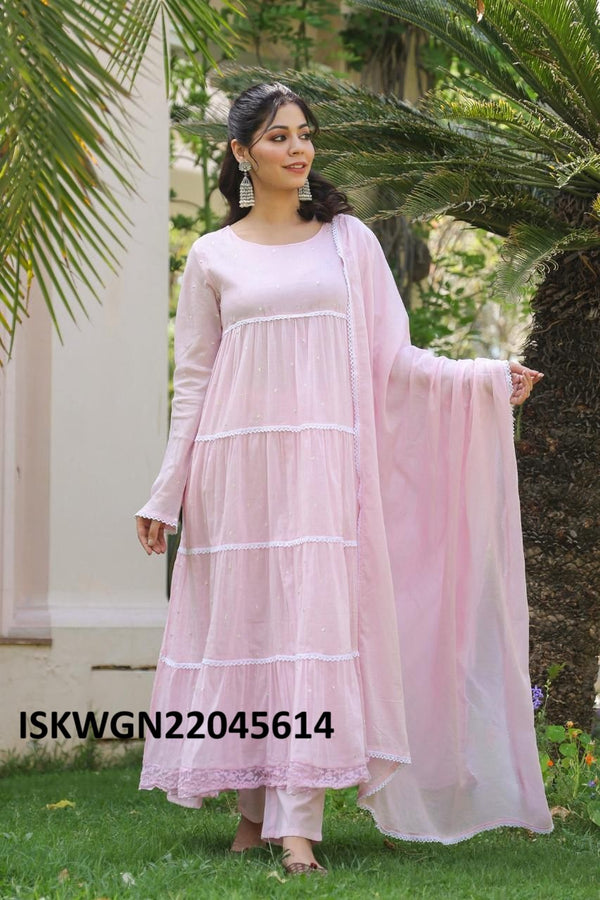 Sequined Malmal Cotton Gown With Dupatta-ISKWGN22045614