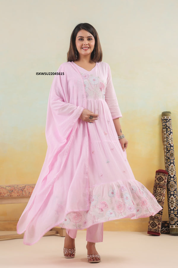 Embroidered Malmal Cotton Anarkali With Pant And Dupatta-ISKWSU22045615