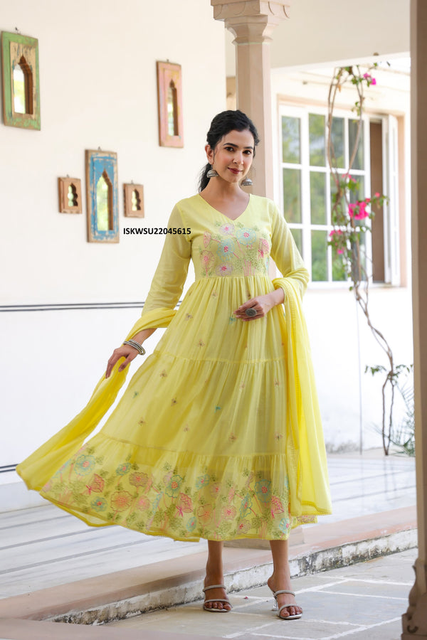 Embroidered Malmal Cotton Anarkali With Pant And Dupatta-ISKWSU22045615