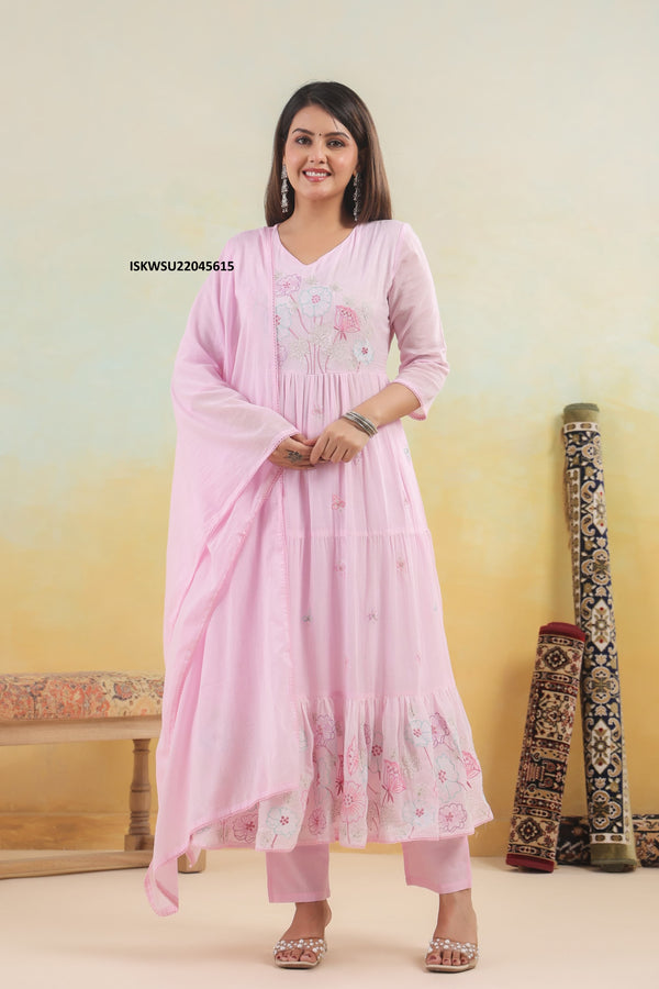 Embroidered Malmal Cotton Anarkali With Pant And Dupatta-ISKWSU22045615