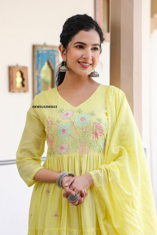 Embroidered Malmal Cotton Anarkali With Pant And Dupatta-ISKWSU22045615