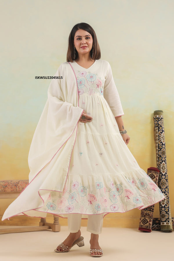 Embroidered Malmal Cotton Anarkali With Pant And Dupatta-ISKWSU22045615