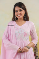 Embroidered Malmal Cotton Anarkali With Pant And Dupatta-ISKWSU22045615