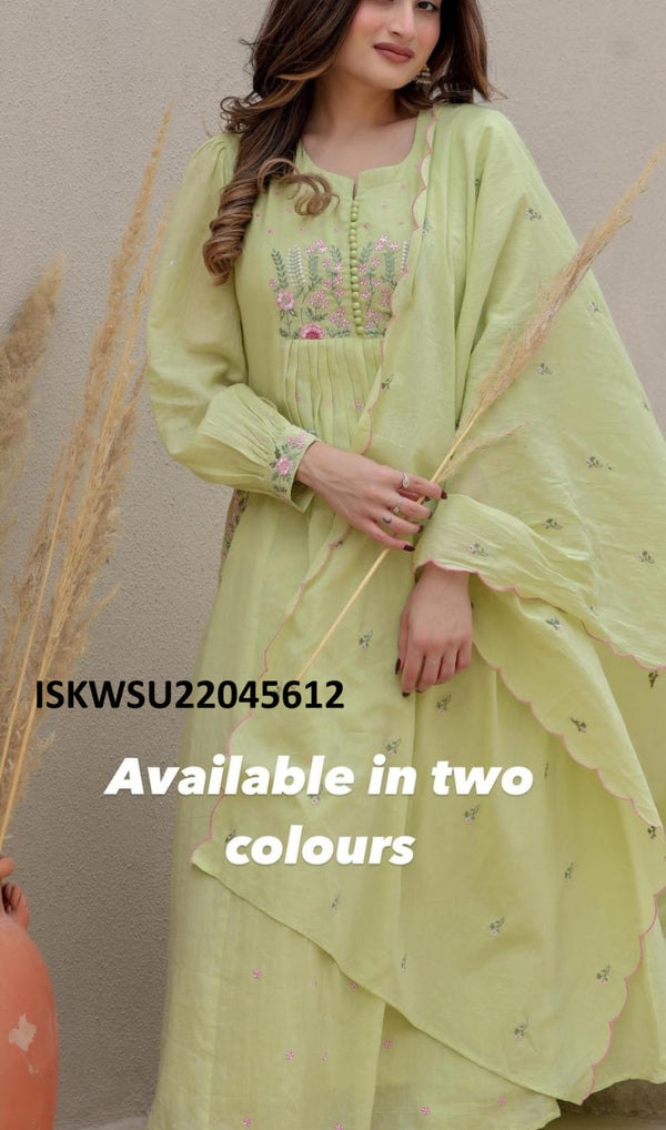 Embroidered Malmal Cotton Flared Kurti With Pant And Malmal Dupatta-ISKWSU22045612