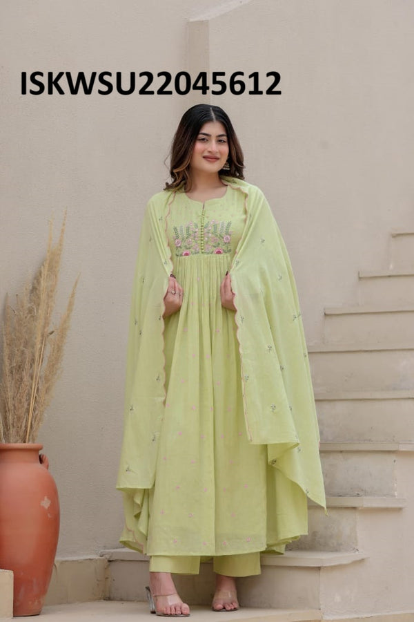 Embroidered Malmal Cotton Flared Kurti With Pant And Malmal Dupatta-ISKWSU22045612