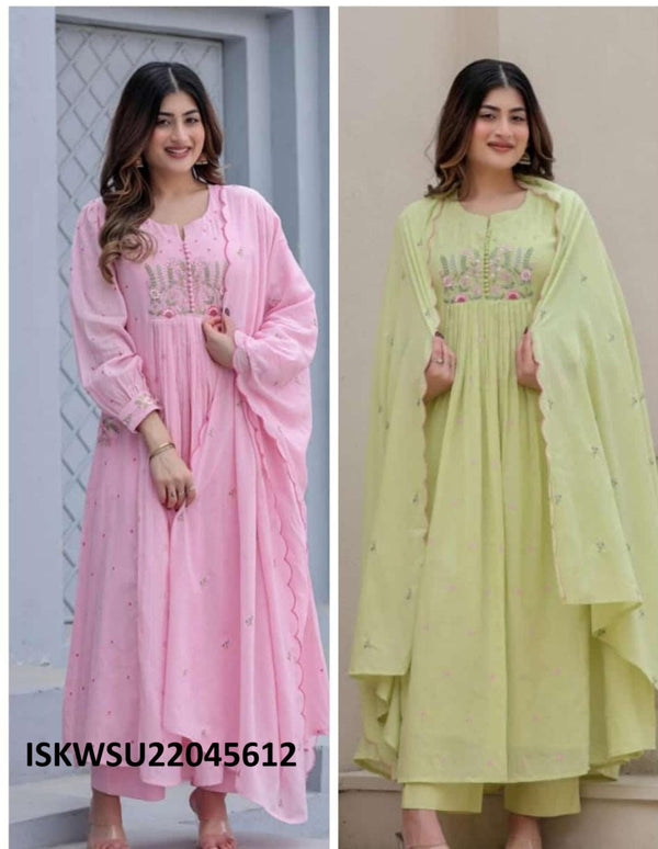 Embroidered Malmal Cotton Flared Kurti With Pant And Malmal Dupatta-ISKWSU22045612