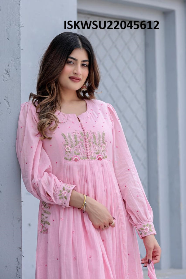 Embroidered Malmal Cotton Flared Kurti With Pant And Malmal Dupatta-ISKWSU22045612