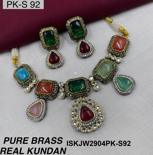 Pure Brass Real Kundan Jewelry Set-ISKJW2904PK-92