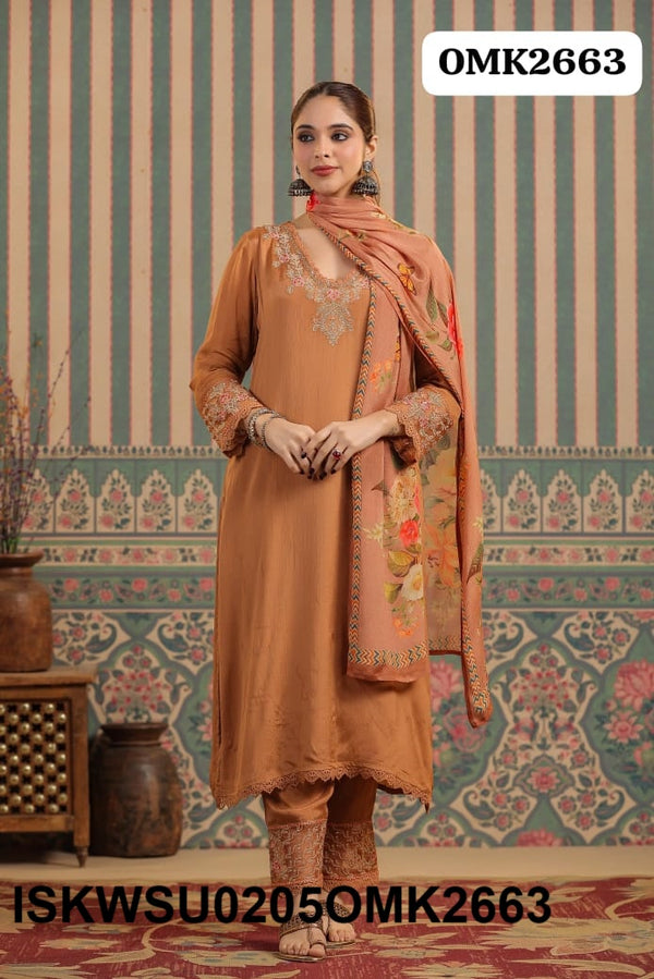 Embroidered Chinon Kurti With Pant And Digital Printed Dupatta-ISKWSU0205OMK2663