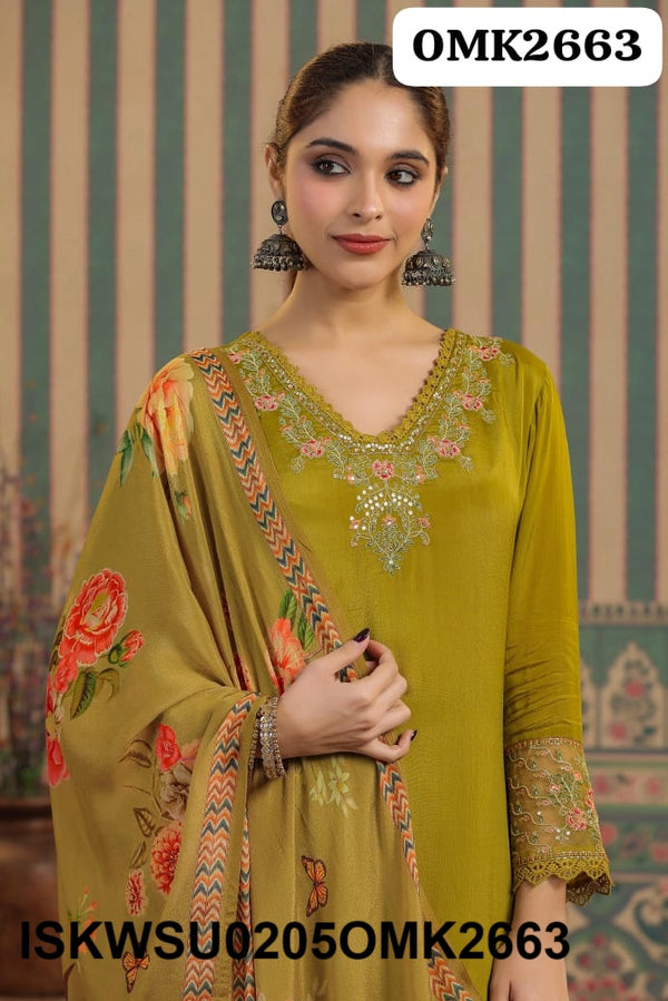 Embroidered Chinon Kurti With Pant And Digital Printed Dupatta-ISKWSU0205OMK2663