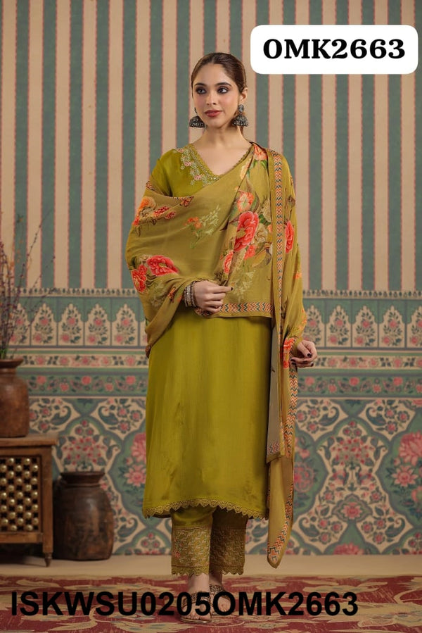 Embroidered Chinon Kurti With Pant And Digital Printed Dupatta-ISKWSU0205OMK2663