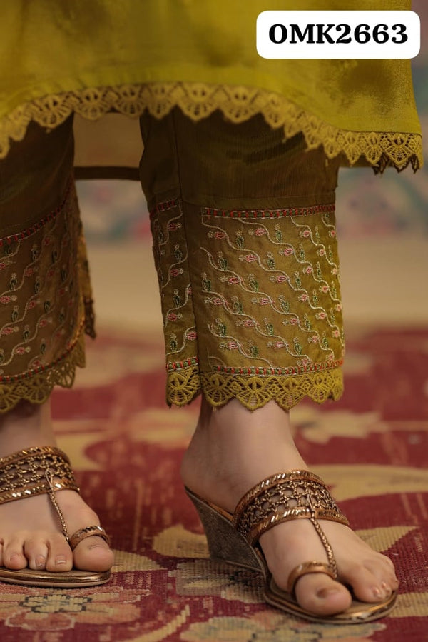 Embroidered Chinon Kurti With Pant And Digital Printed Dupatta-ISKWSU0205OMK2663