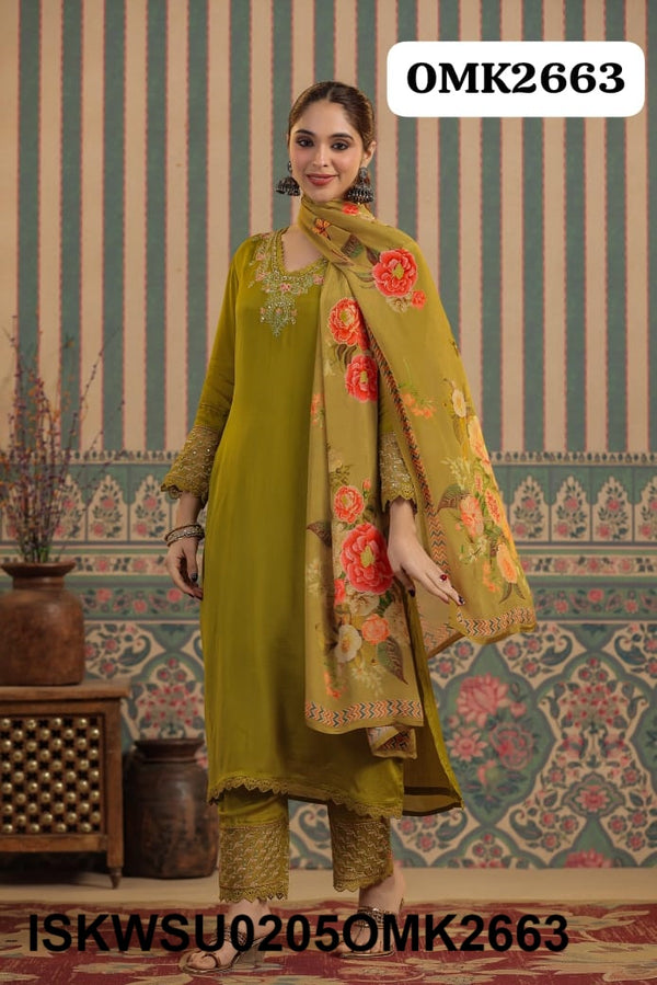Embroidered Chinon Kurti With Pant And Digital Printed Dupatta-ISKWSU0205OMK2663