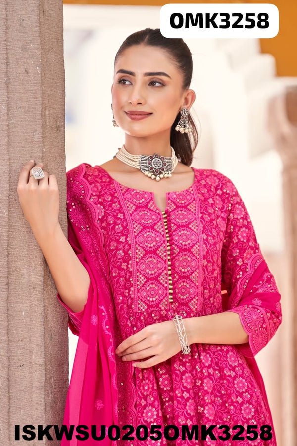 Embroidered Georgette Anarkali Kurti With Pant And Dupatta-ISKWSU0205OMK3258
