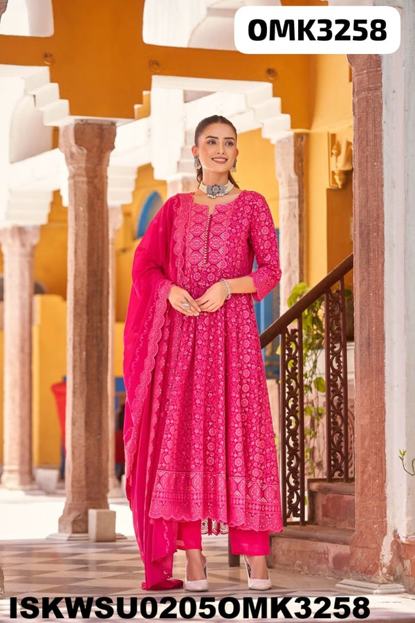 Embroidered Georgette Anarkali Kurti With Pant And Dupatta-ISKWSU0205OMK3258