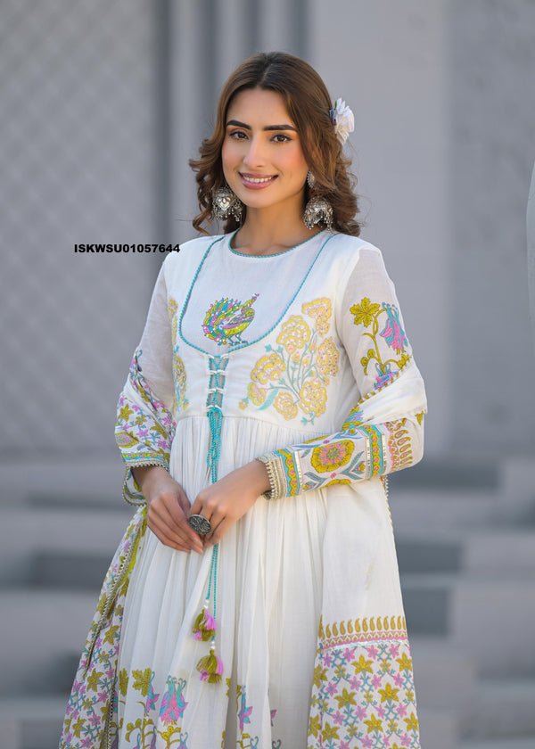 Floral Printed Malmal Cotton Anarkali Kurti With Pant And Dupatta-ISKWSU01057644