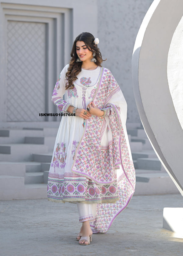Floral Printed Malmal Cotton Anarkali Kurti With Pant And Dupatta-ISKWSU01057644
