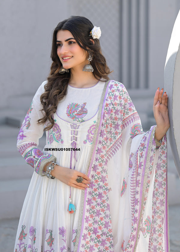 Floral Printed Malmal Cotton Anarkali Kurti With Pant And Dupatta-ISKWSU01057644