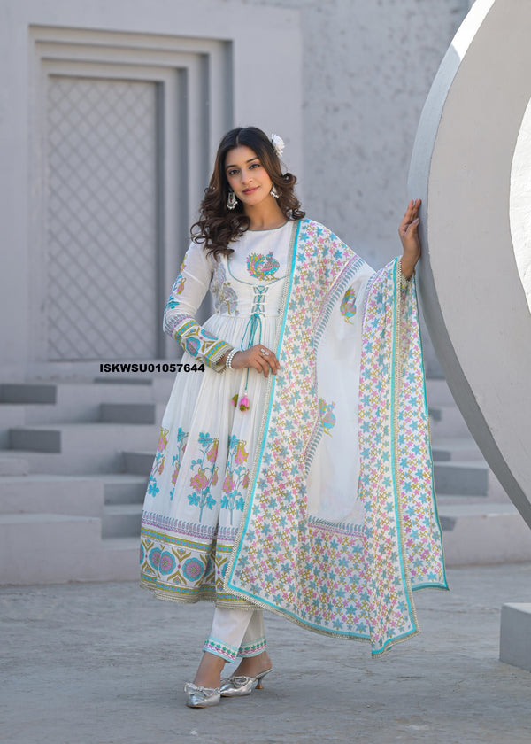 Floral Printed Malmal Cotton Anarkali Kurti With Pant And Dupatta-ISKWSU01057644