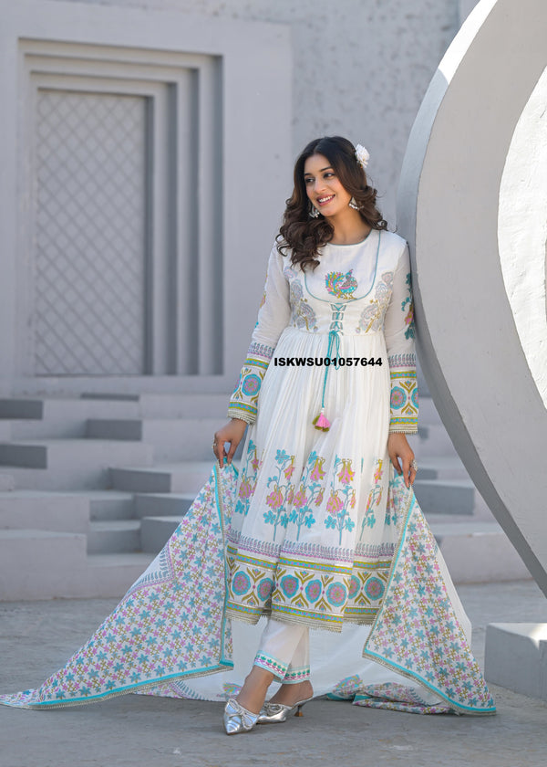 Floral Printed Malmal Cotton Anarkali Kurti With Pant And Dupatta-ISKWSU01057644