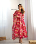 Floral Printed Organza Anarkali Kurti With Pant And Dupatta-ISKWSU01057646