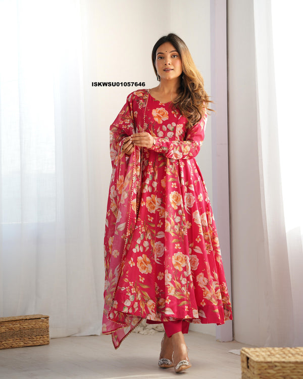 Floral Printed Organza Anarkali Kurti With Pant And Dupatta-ISKWSU01057646