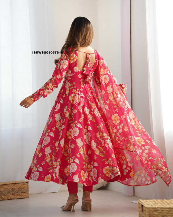 Floral Printed Organza Anarkali Kurti With Pant And Dupatta-ISKWSU01057646
