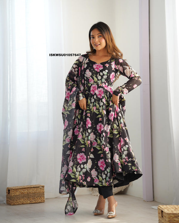 Floral Printed Organza Anarkali Kurti With Pant And Dupatta-ISKWSU01057647